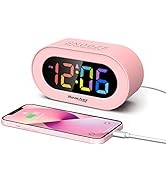 REACHER Pink Girls Alarm Clock, Dimmable Colorful LED Digital Display, USB Phone Charger Port, Si...