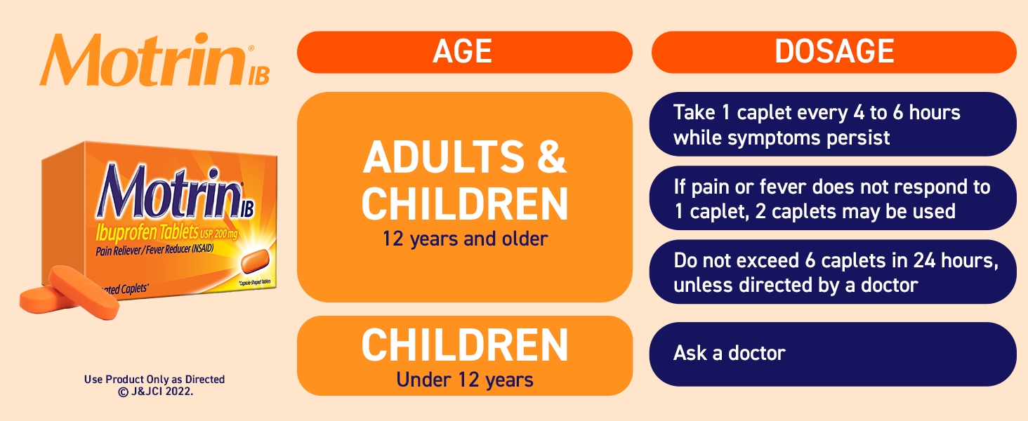 Adults & children 12 years & older take 1 caplet Motrin IB every 4 to 6 hours while symptoms persist