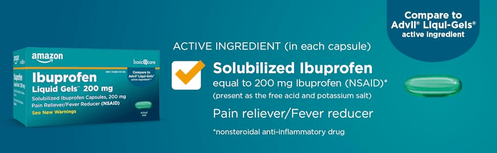 Amazon Basic Care Solubilized Ibuprofen capsules 200 mg pain reliever/fever reducer NSAID